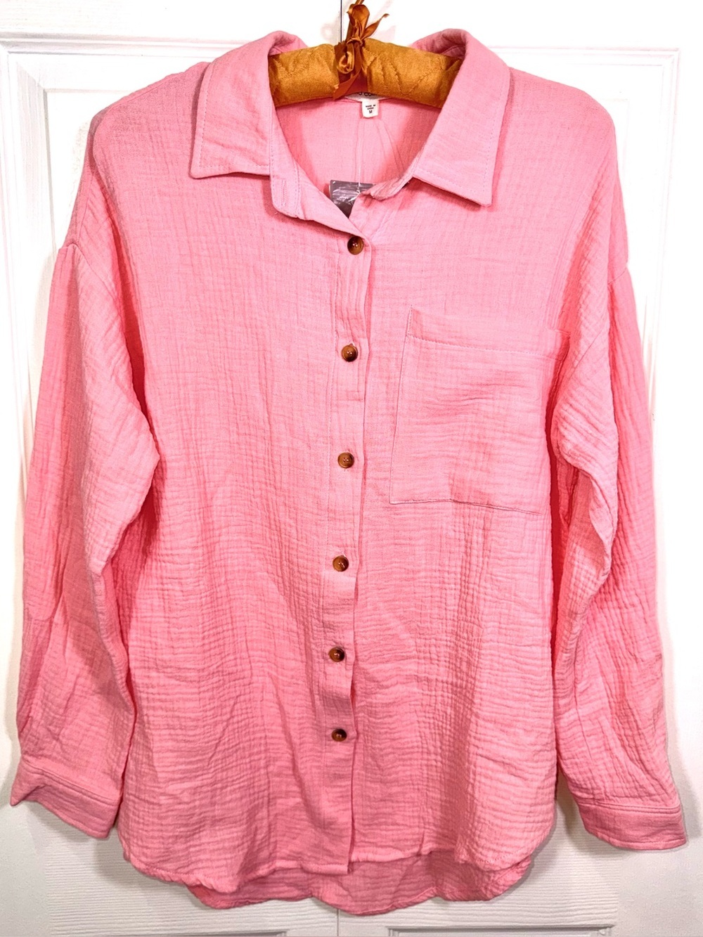 No Comment Gauze Cotton Button Down Shirt Blouse Pink Size Medium NWT